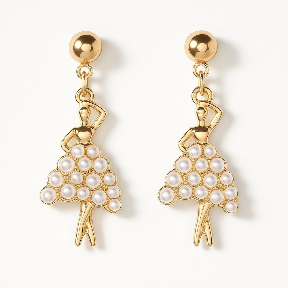 💖 🩰 Elegant Ballerina Gold and Pearl Stud  Earrings ⚜️